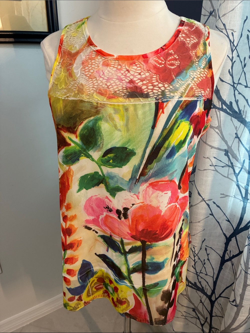 Impulse California Floral Sleeveless Lace Yoke Tank Top - Multicolor